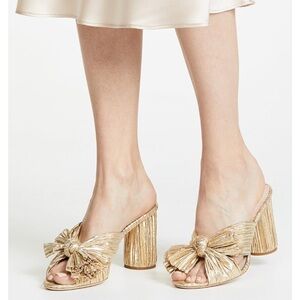 Loeffler Randall Metallic Gold Penny Pleated Bow Mules Size 6.5